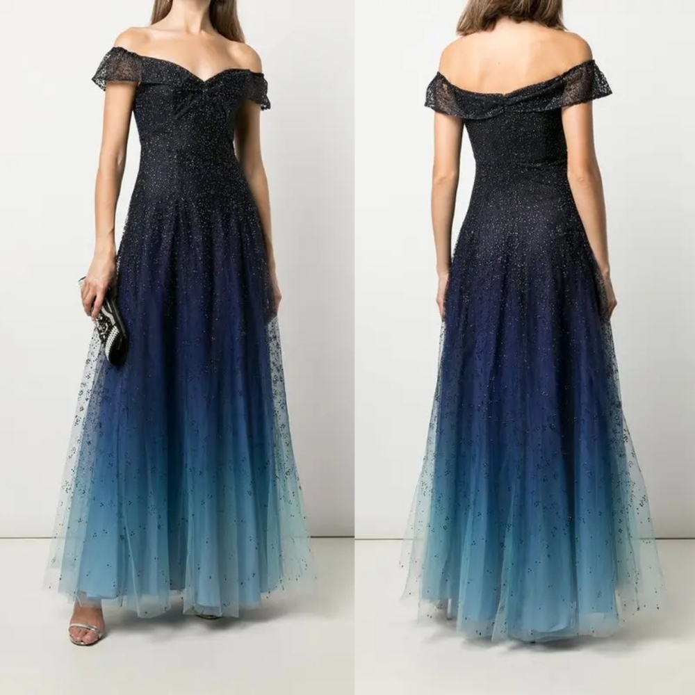 Marchesa Notte Ombré Glitter Tulle Off Shoulder Gown